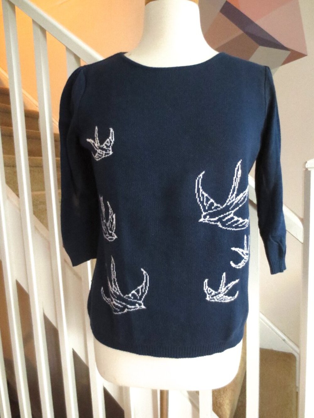 Modcloth Cotton Bird Swallow Hirondelle Navy Blue and White Summer Sweatere